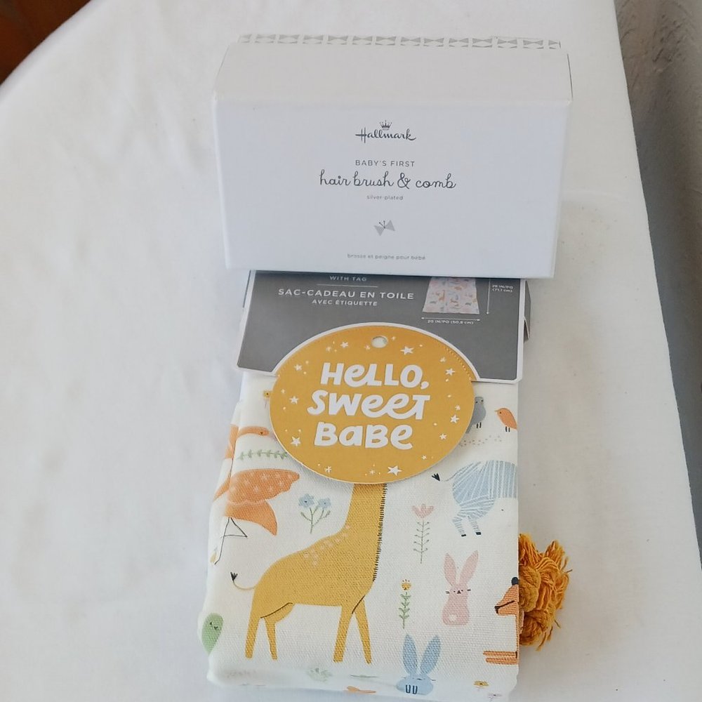 Baby Hallmark Hair Brush & Comb Set Silver Plated and Canvas Gift Sack NWT